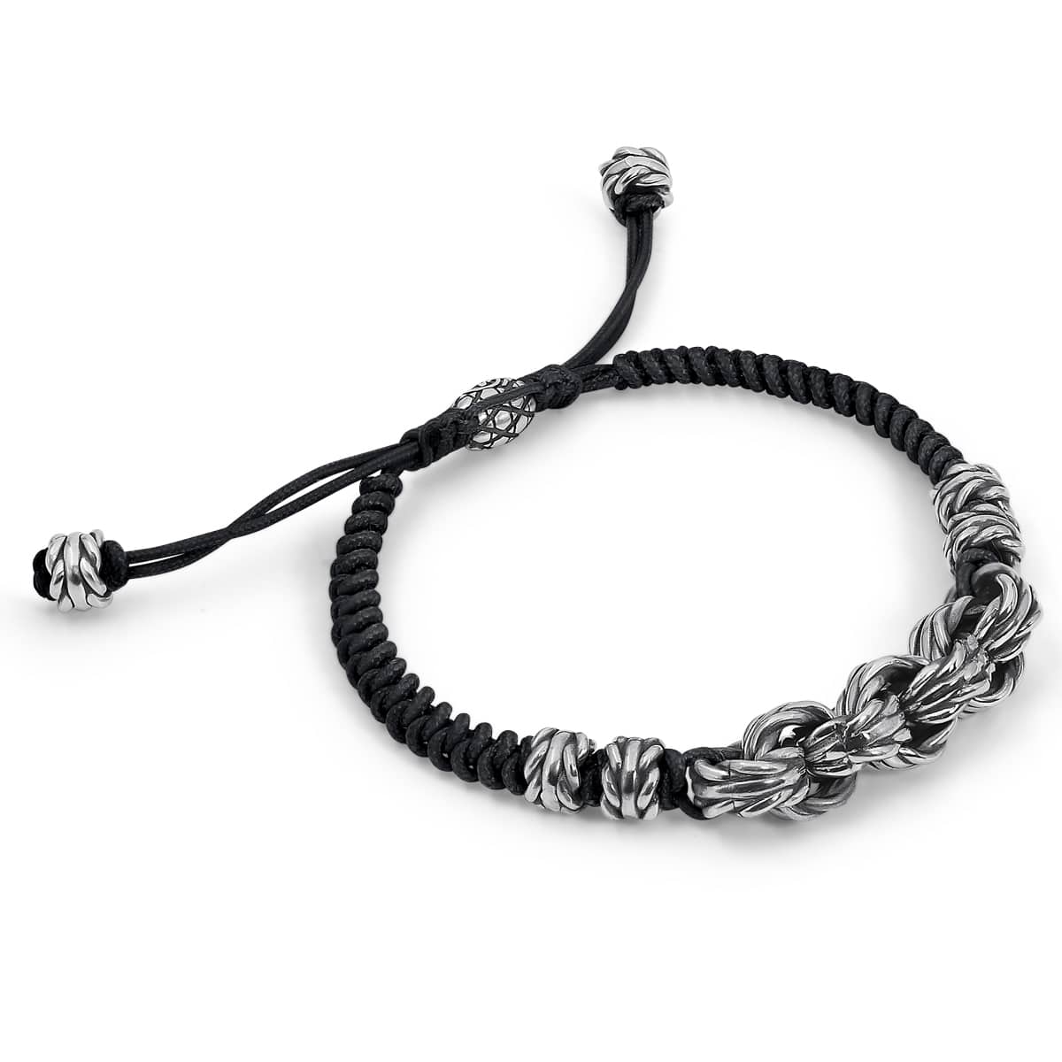 Sterling Silver Braided Bracelet, Handmade Men's Jewelry, Black Cord Silver Bracelet, Adjustable Braided Wristband, Artisan Silver Links