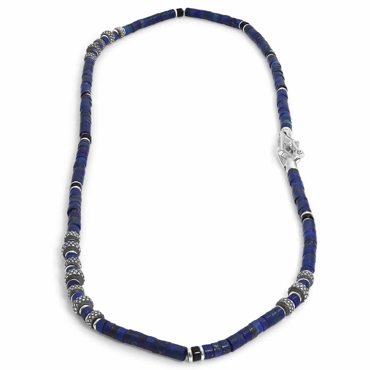 handmade necklace, lapis lazuli beads, black onyx accents, silver spacers, textured silver beads, handmade claw clasp, blue, black, silver, jewelry, unisex jewelry